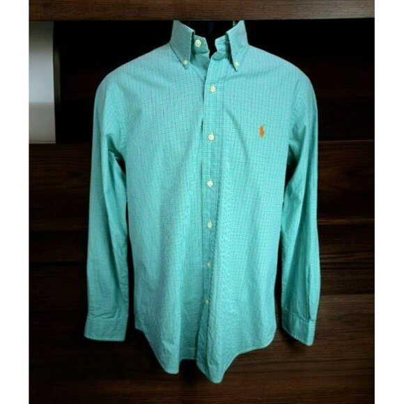 Ralph Lauren Mens Custom Fit Dress Shirt Small Green Checkered Button-Down - Picture 1 of 8